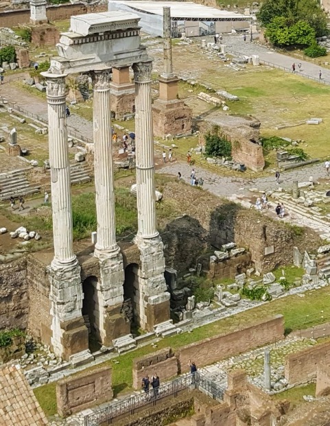 What's left of Temple of Castor and Pollux, built to give thanks in victory of battles. Castor and Pollux were of myths of Greek/Etruscan origin.