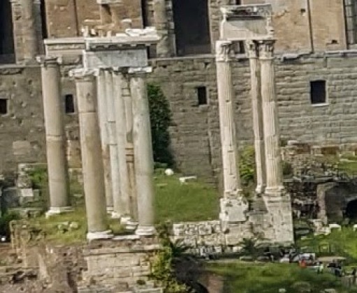 Use to be the Temple of Saturn . Built round 497 BC, was the first temple built on the Forum dedicated to the supreme god of Etruscan origin.